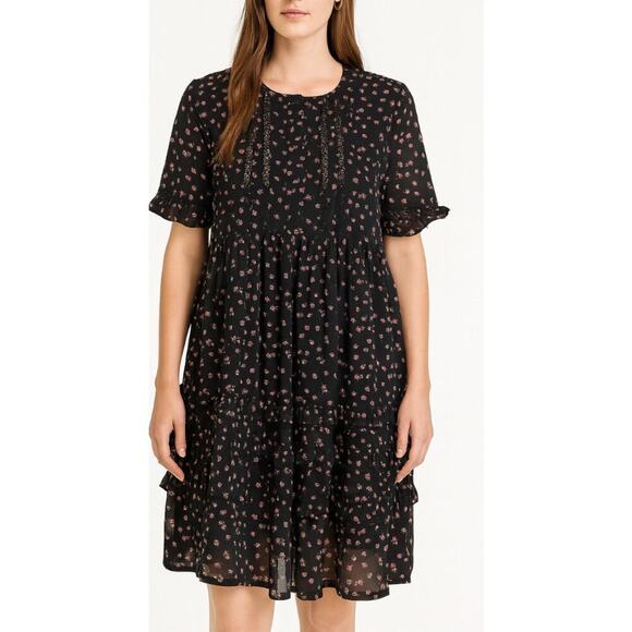 Top Shop dress tiered boxy black ditsy floral print lined women's SZ 4 knee leng - Picture 1 of 12